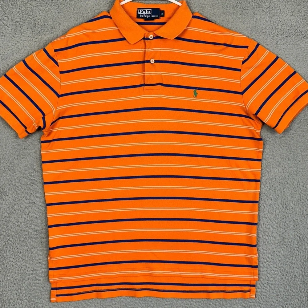 Polo Ralph Lauren Polo Shirt Mens Medium Orange Navy Striped Casual Rugby Pony